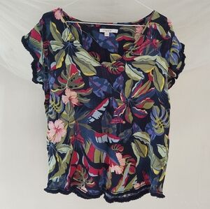 Chicos Linen Tropical Floral Flutter Sleeve Fringe Top Size 3 XL 16 Summer